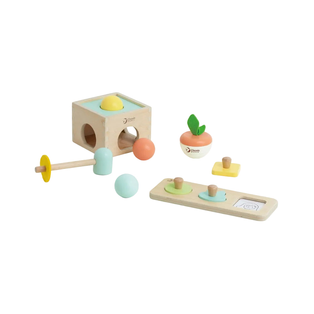 Set cadou educativ din lemn pentru bebeluși - Hello Box 6M+ - Classic World