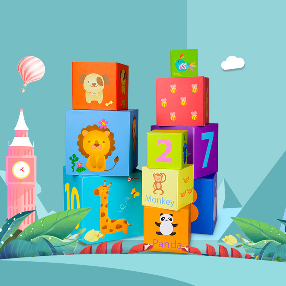 Cuburi educative din carton pentru Stivuire - Animals & Numbers - Classic World