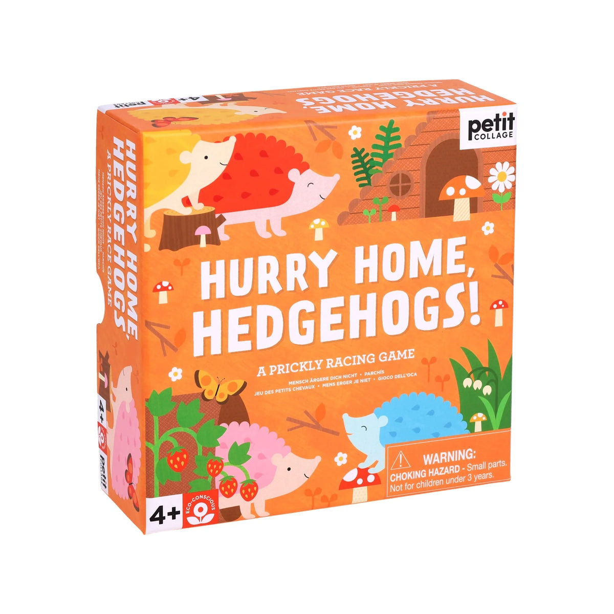 Tabla jocului Hurry Home, Hedgehogs! cu pioni arici colorați și zar din lemn