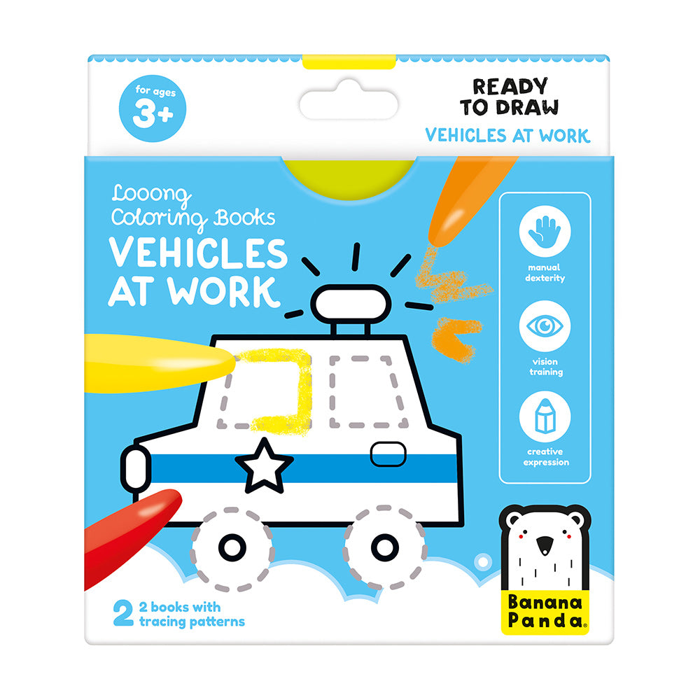 Carti luuungi pentru colorat, 2 buc - Vehicles at Work - Banana Panda