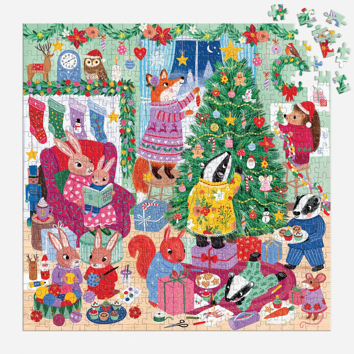 Puzzle Evergreen Evening aproape asamblat, cu piese desprinse în colțul din dreapta sus