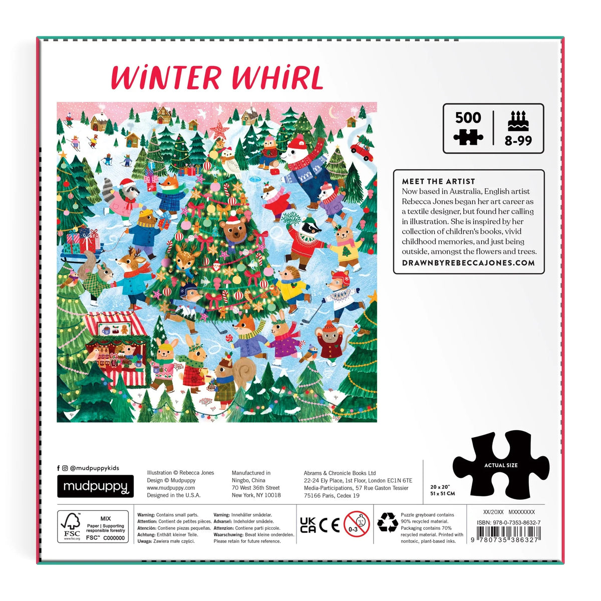 Spatele cutiei Winter Whirl, cu detalii despre puzzle și ilustratoarea Rebecca Jones