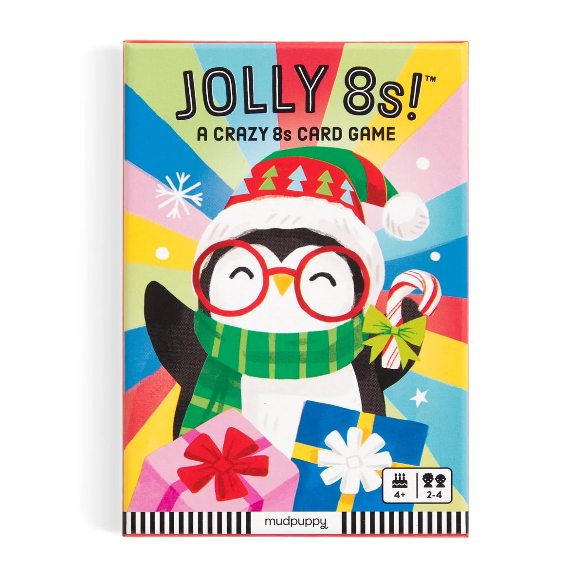 Fața cutiei Jolly 8s! Mudpuppy, cu pinguin cu ochelari și cadouri