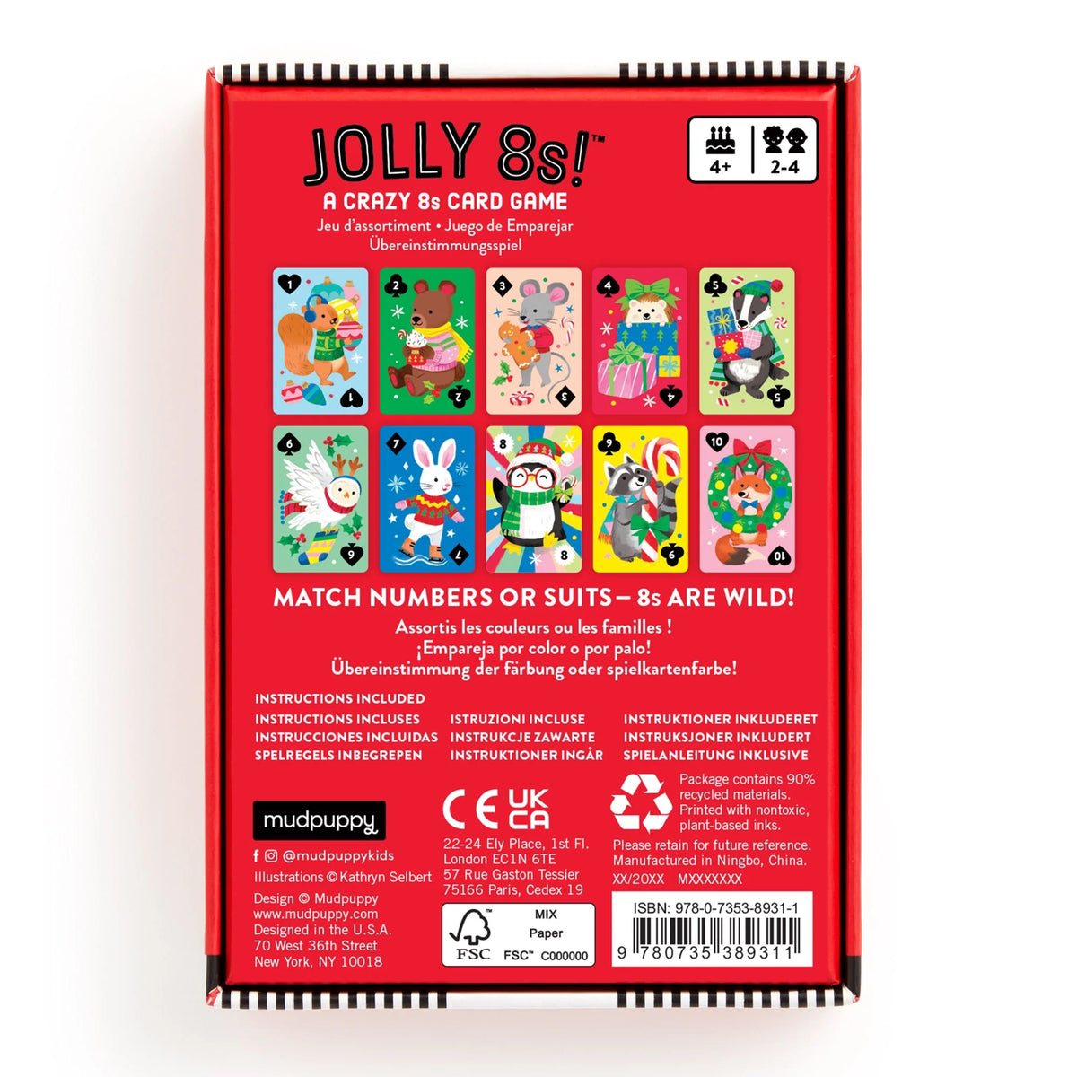 Spatele cutiei Jolly 8s!, cu exemple de cărți și informații despre joc și materiale