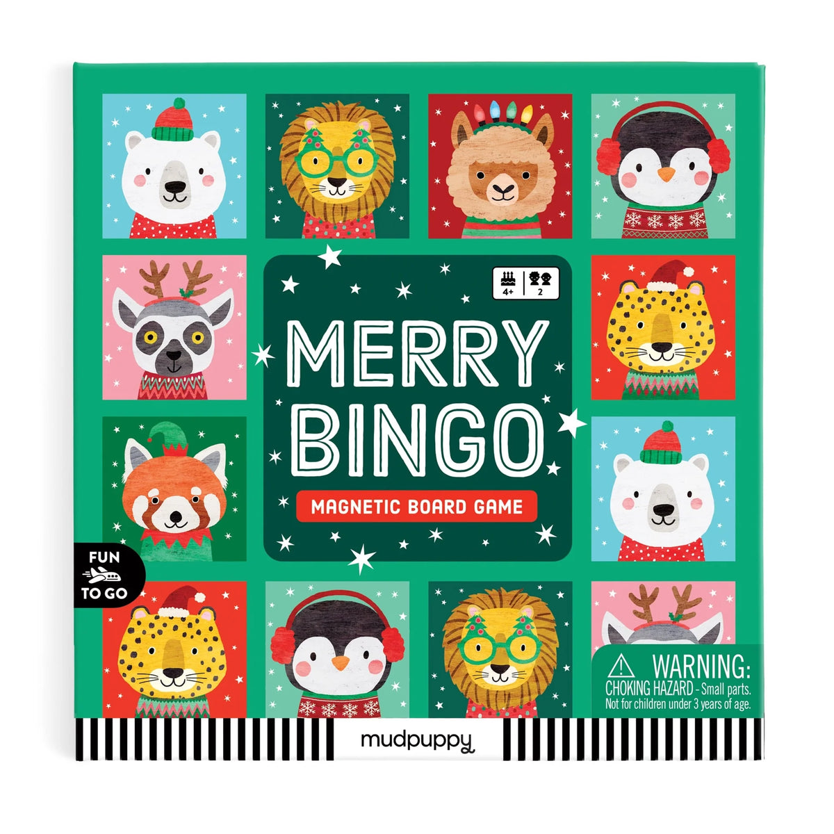 Coperta jocului Merry Bingo Mudpuppy, cu animale în ținute de Crăciun