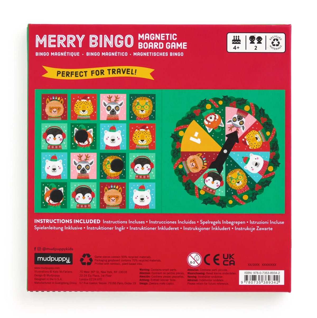 Spatele ambalajului Merry Bingo Mudpuppy, cu exemplu de joc și informații despre conținut