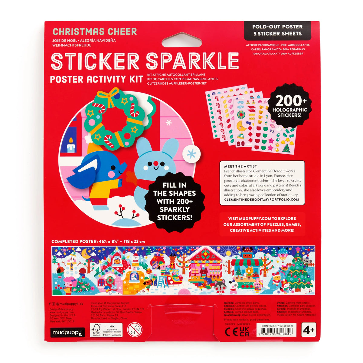 Spatele ambalajului Christmas Cheer Mudpuppy, cu posterul complet și colile de stickere