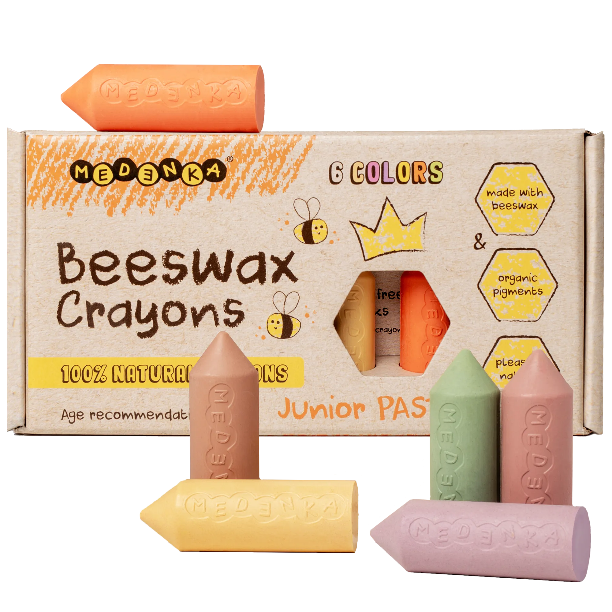 Creioane groase din ceara de albine, 6 culori – Junior Pastel - Medenka