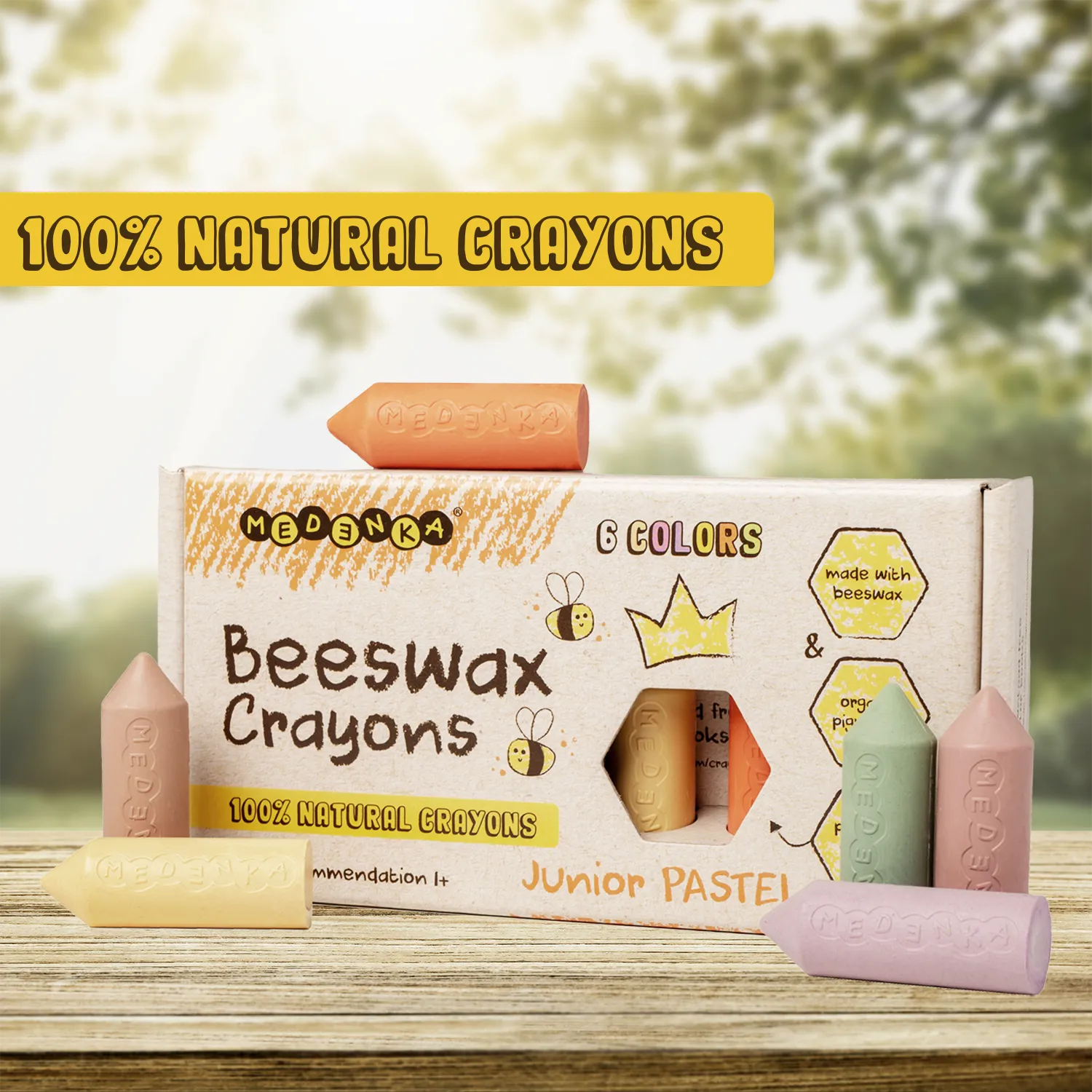 Creioane groase din ceara de albine, 6 culori – Junior Pastel - Medenka