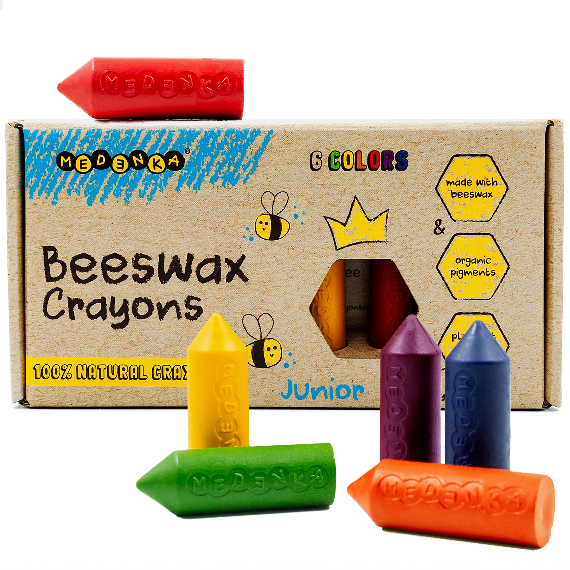 Creioane groase din ceara de albine, 6 culori – Junior Rainbow - Medenka
