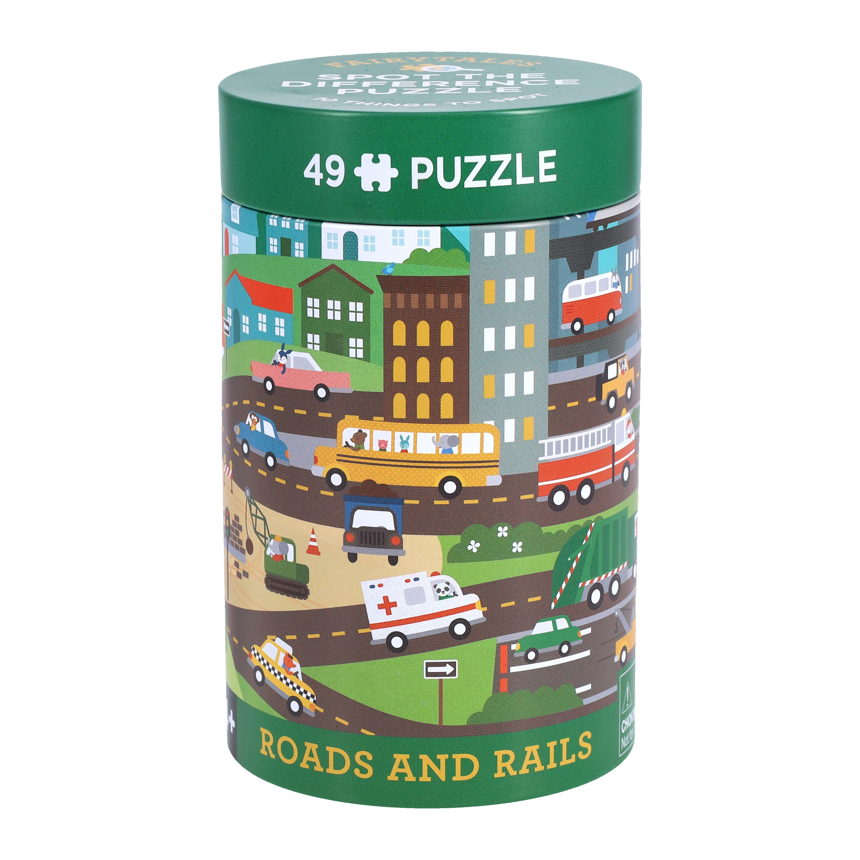 Puzzle 2 în 1 - Găsește diferențele, 49 piese - Roads & Rails - Petit Collage
