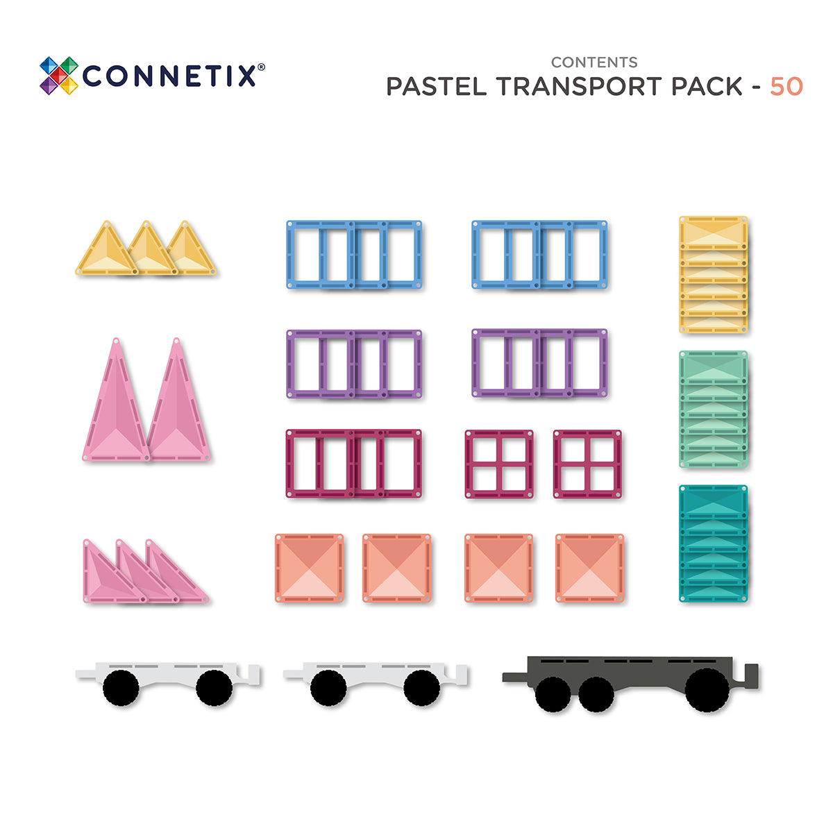 Set constructie magnetic, 50 piese – Pastel Transport Pack – Connetix