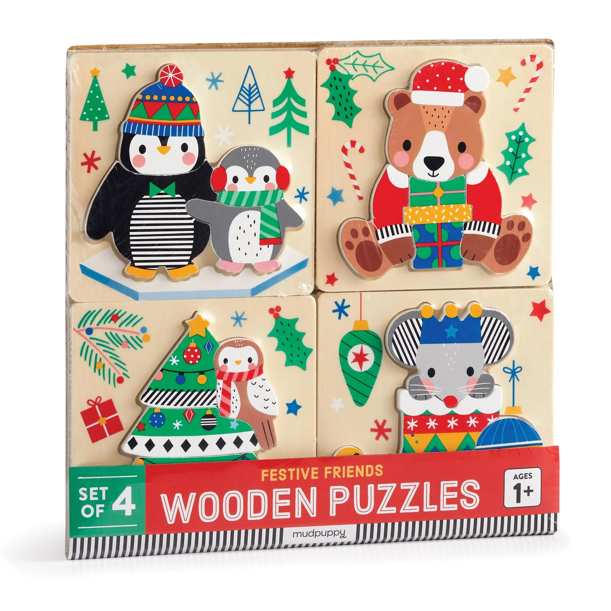 Set puzzle din lemn, 4 in 1 - Festive Friends - Mudpuppy