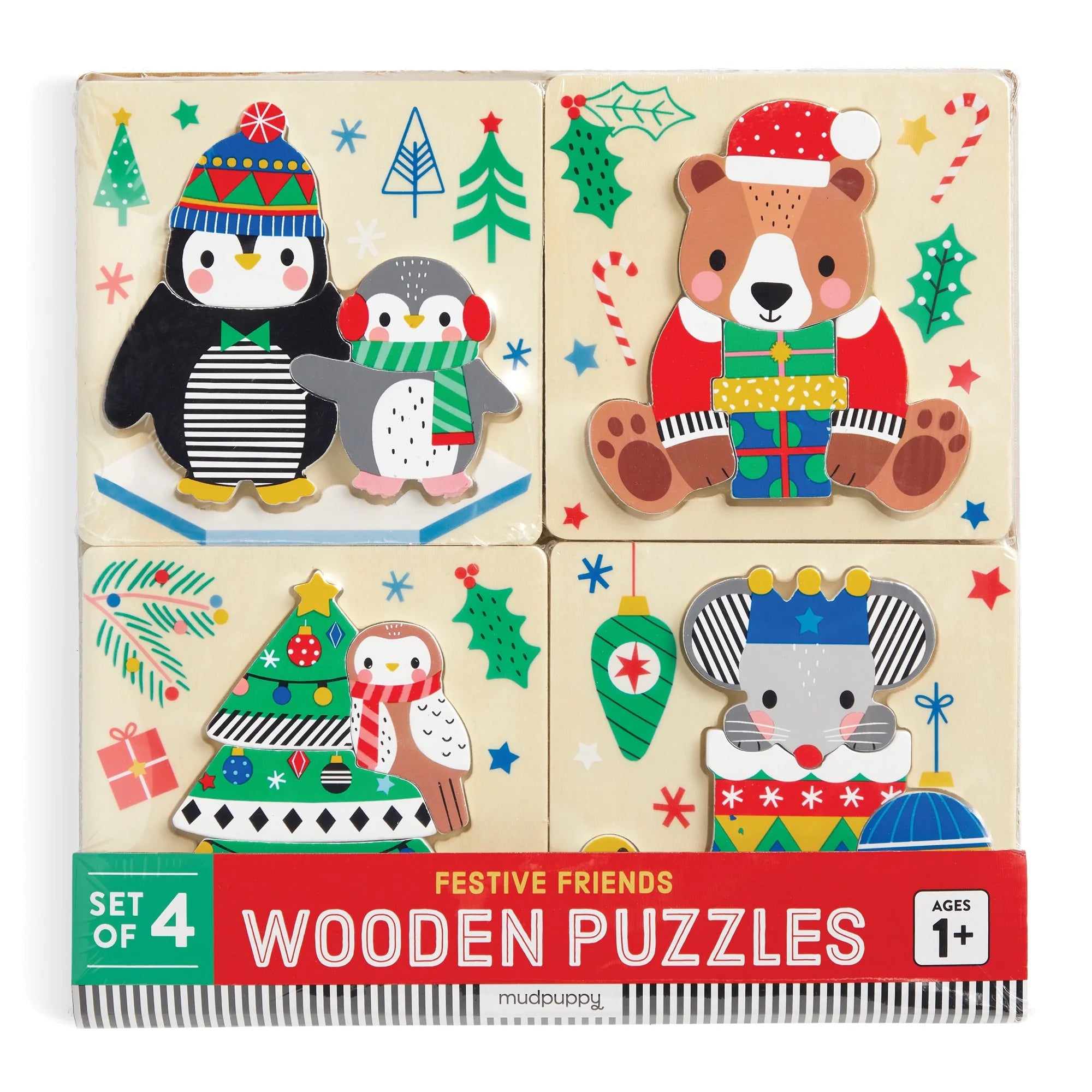 Set puzzle din lemn, 4 in 1 - Festive Friends - Mudpuppy
