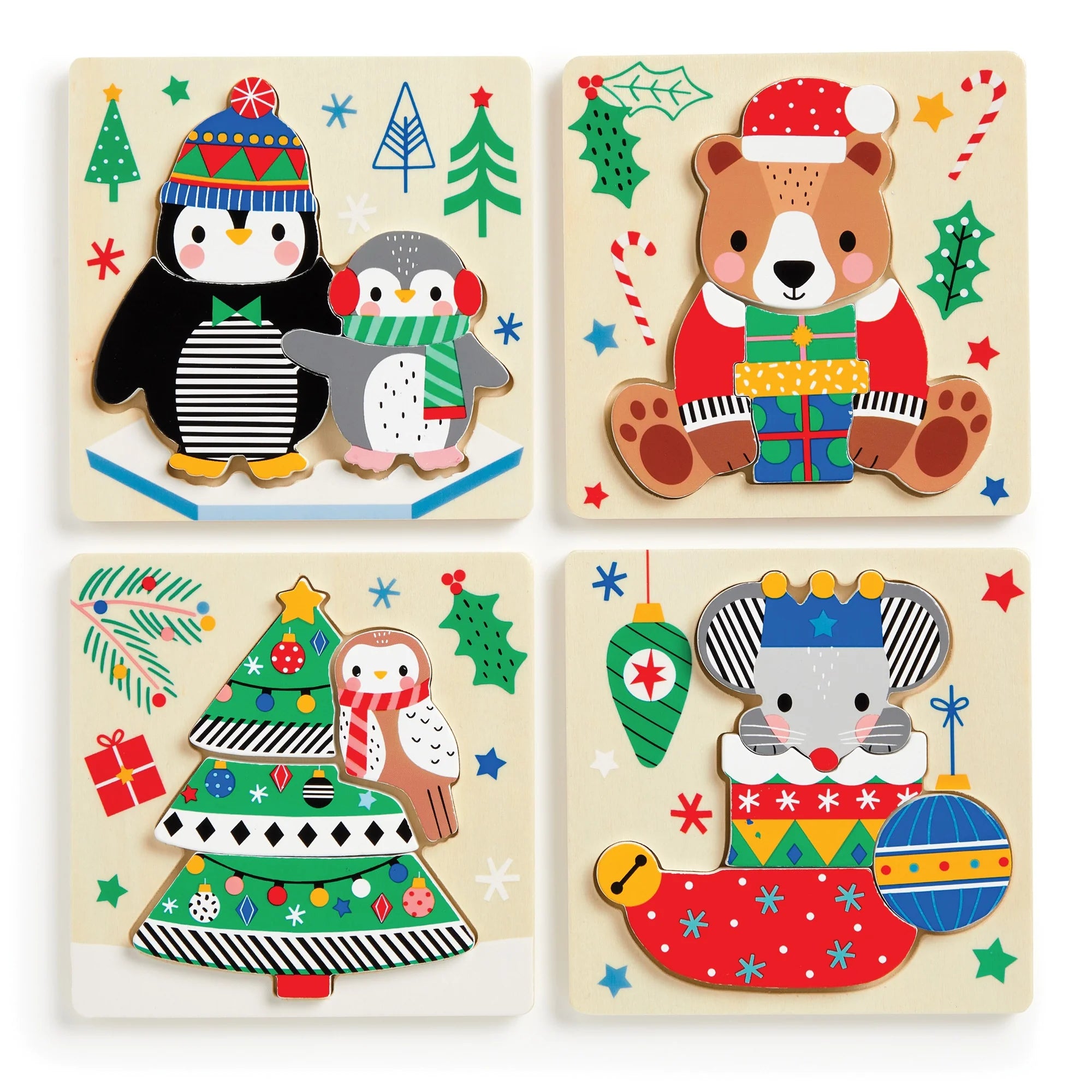 Set puzzle din lemn, 4 in 1 - Festive Friends - Mudpuppy