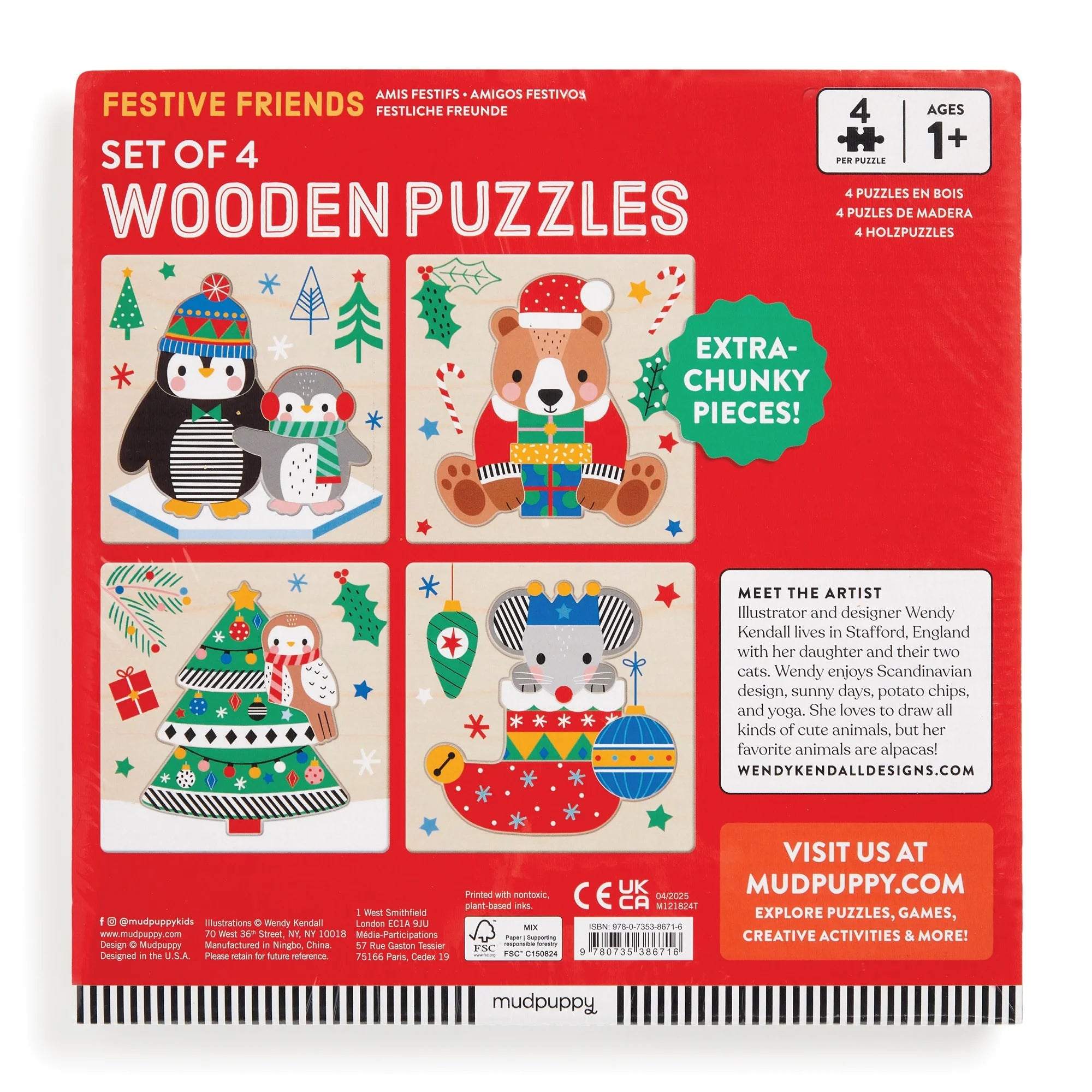 Set puzzle din lemn, 4 in 1 - Festive Friends - Mudpuppy