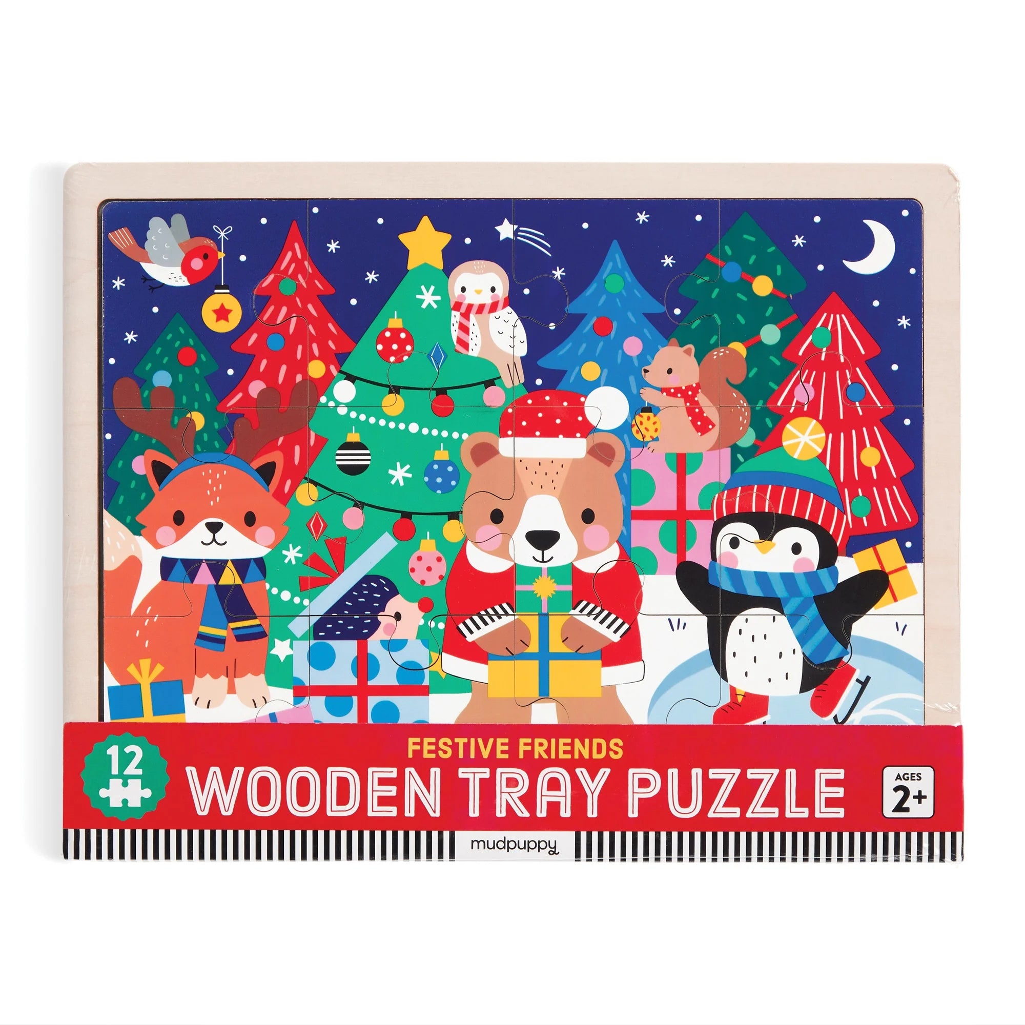 Puzzle din lemn + tavita, 12 piese - Festive Friends - Mudpuppy