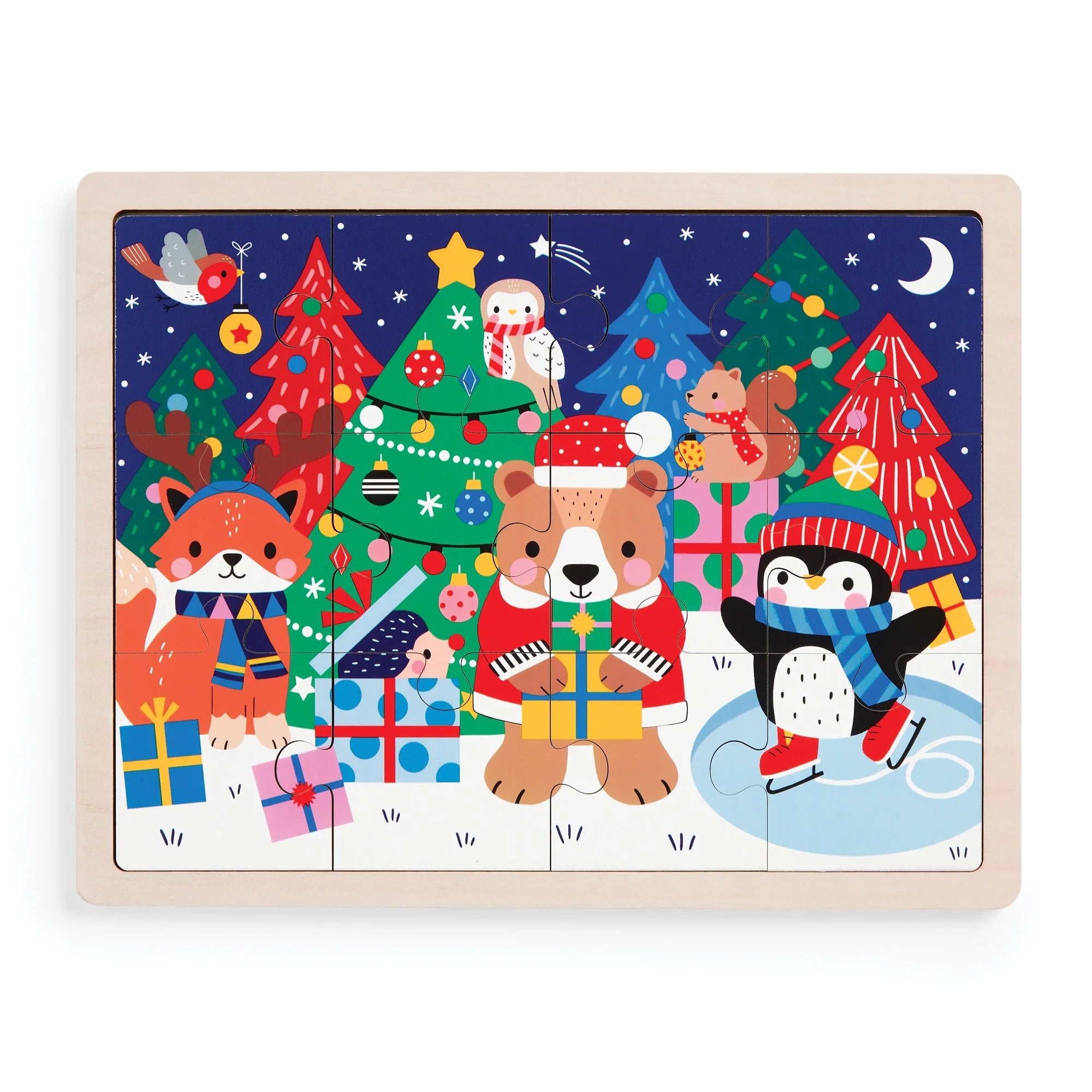 Puzzle din lemn + tavita, 12 piese - Festive Friends - Mudpuppy