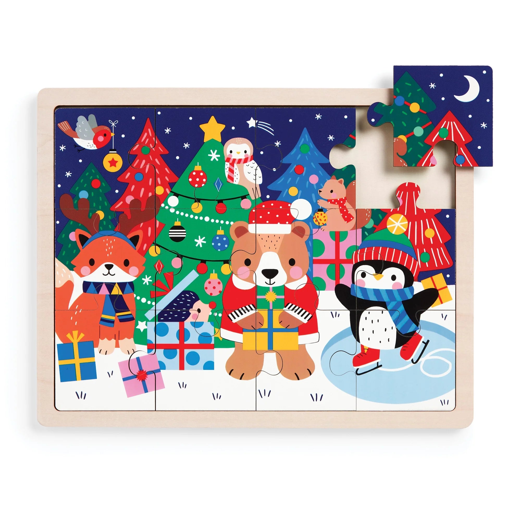 Puzzle din lemn + tavita, 12 piese - Festive Friends - Mudpuppy