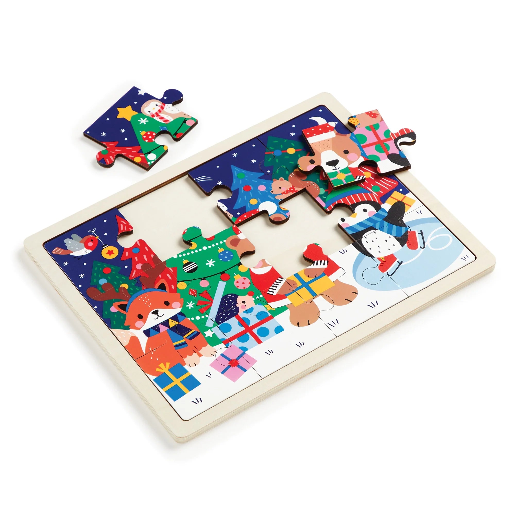 Puzzle din lemn + tavita, 12 piese - Festive Friends - Mudpuppy