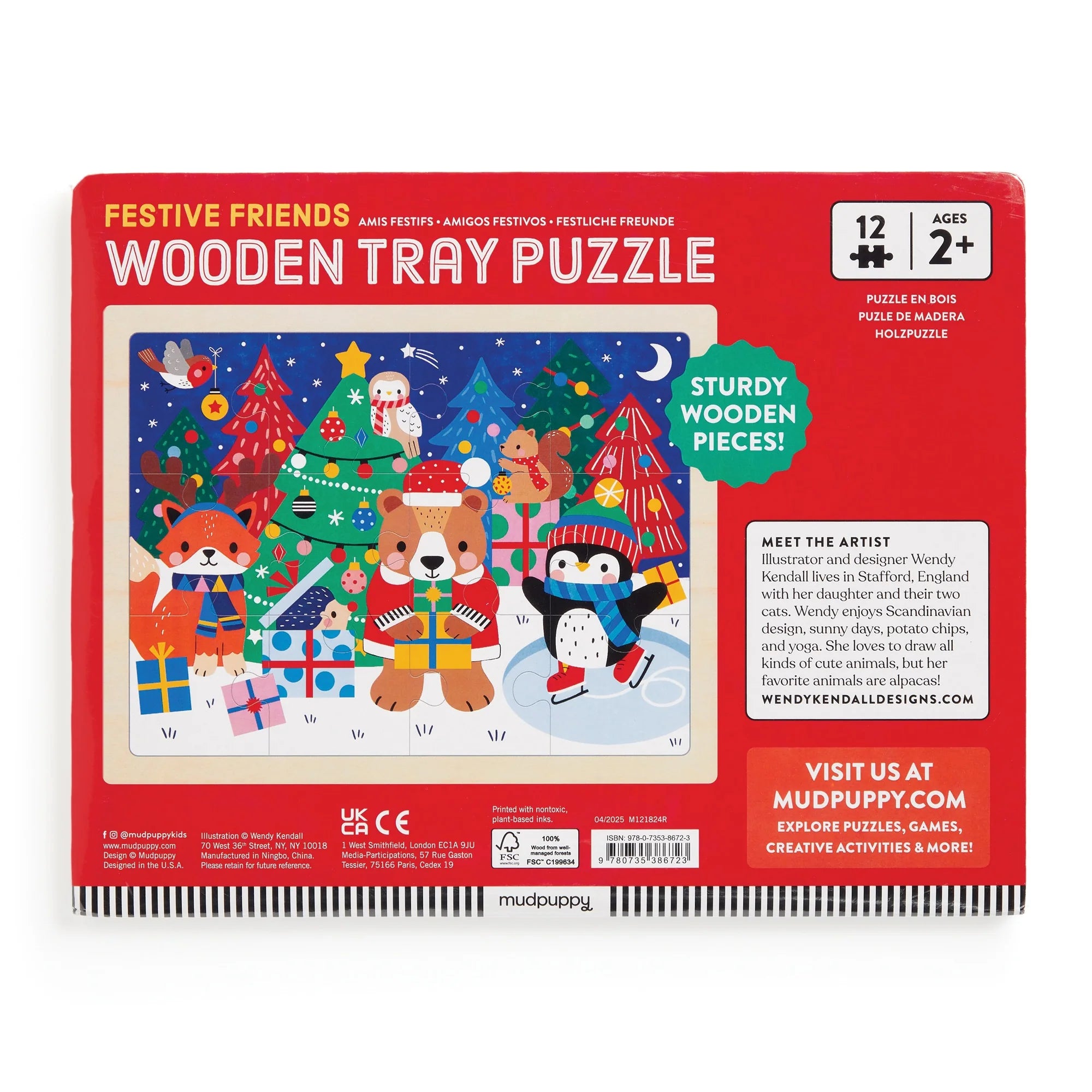 Puzzle din lemn + tavita, 12 piese - Festive Friends - Mudpuppy