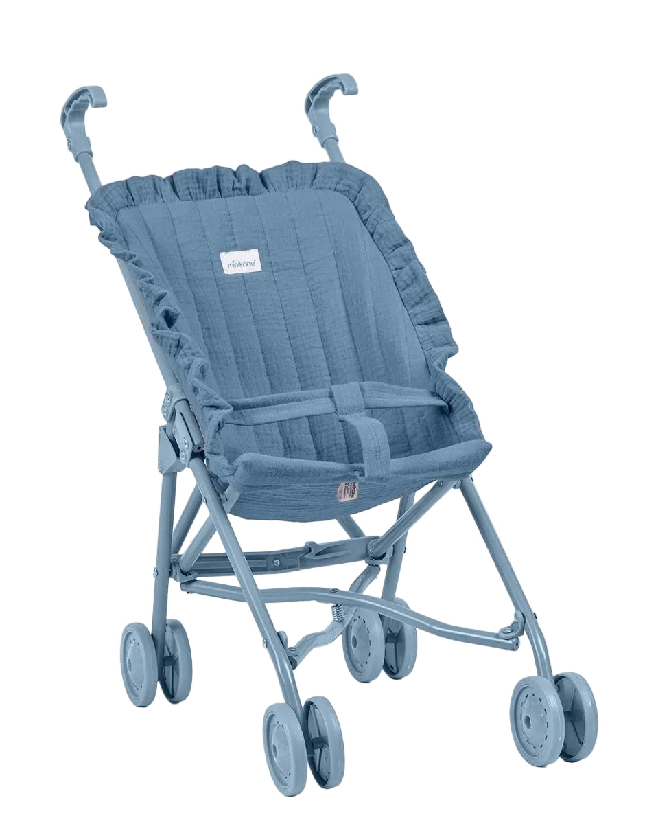 Cărucior păpuși pliabil - Denim Blue Cotton Ruffled - Minikane