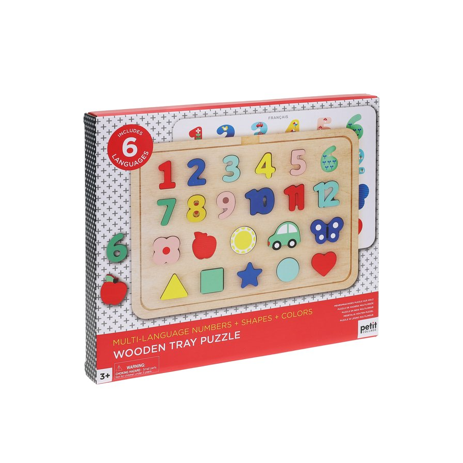 Puzzle din lemn, 4 in 1 - Numere, forme si culori - Petit Collage