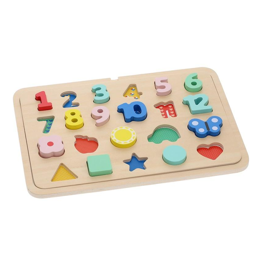 Puzzle din lemn, 4 in 1 - Numere, forme si culori - Petit Collage