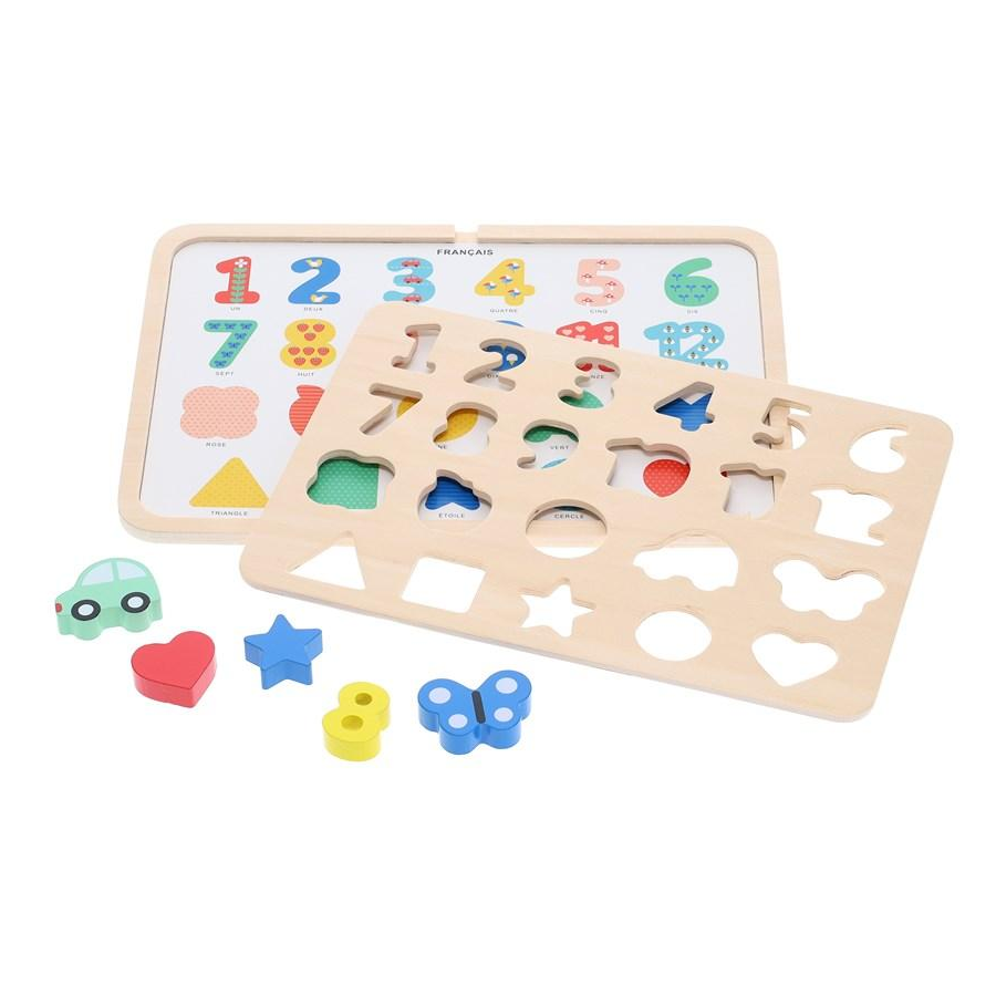 Puzzle din lemn, 4 in 1 - Numere, forme si culori - Petit Collage
