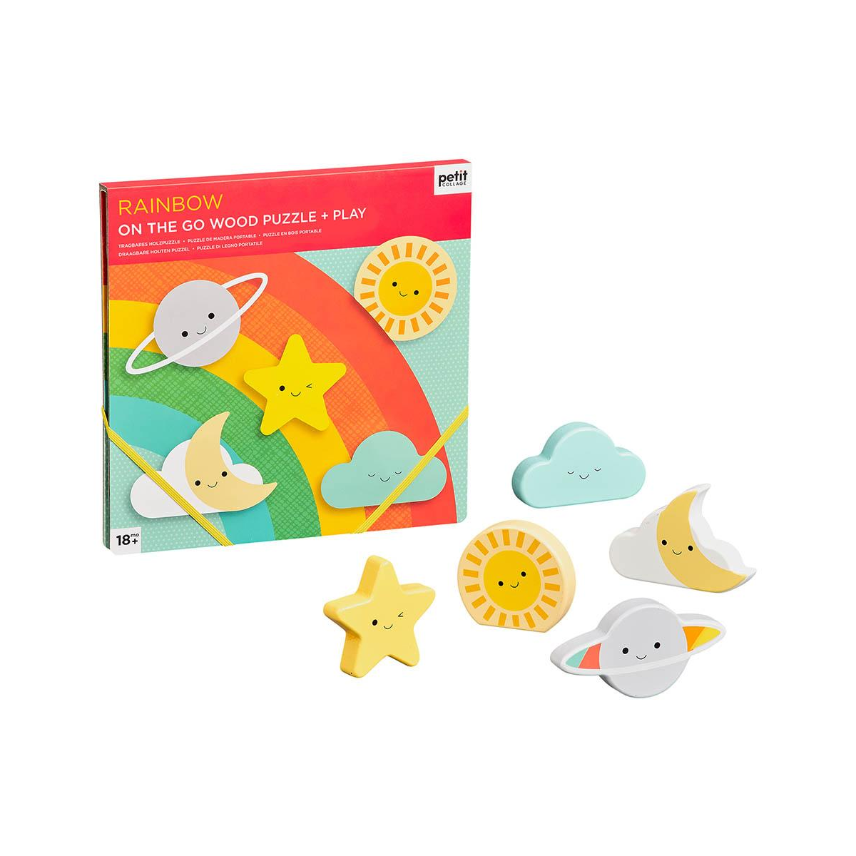Puzzle din lemn + set de joaca On-The-Go, 5 piese - Rainbow - Petit Collage