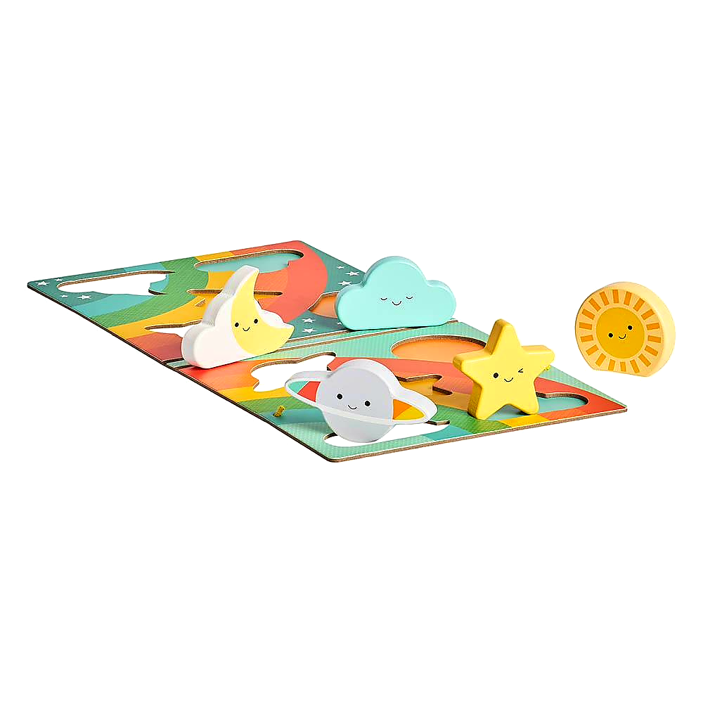 Puzzle din lemn + set de joaca On-The-Go, 5 piese - Rainbow - Petit Collage