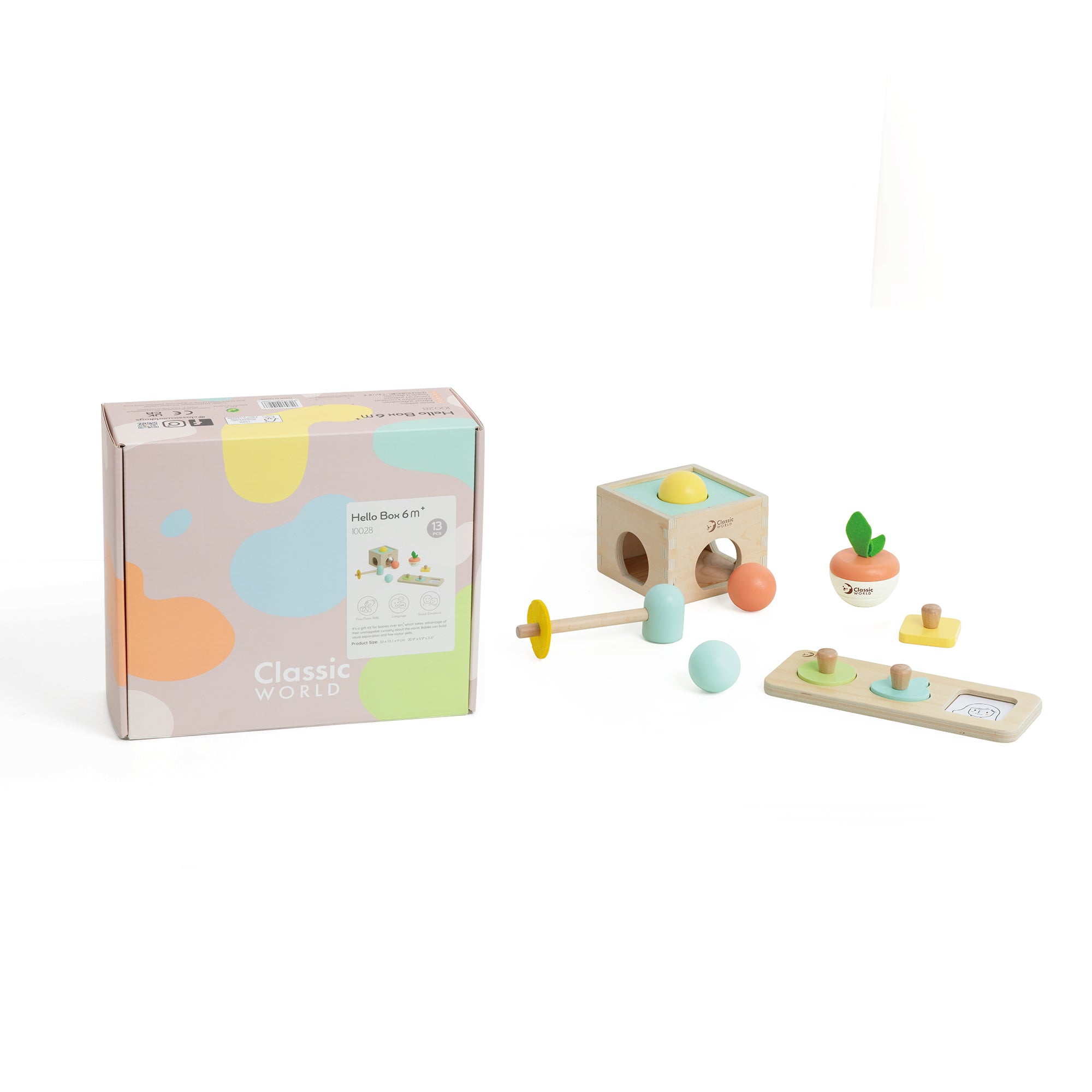Set cadou educativ din lemn pentru bebeluși - Hello Box 6M+ - Classic World