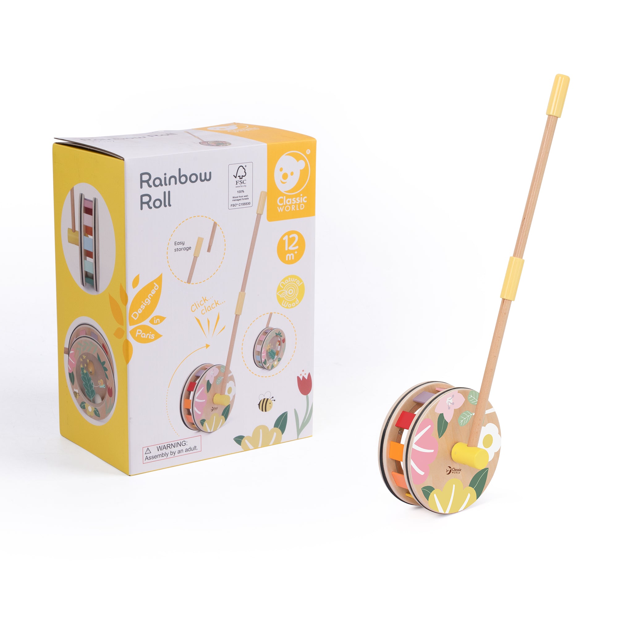 Jucărie de împins din lemn, Roată interactivă - Rainbow Roll - Classic World