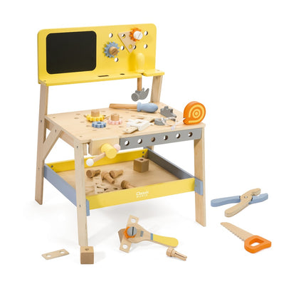 Modern Tool Bench Classic World - detaliu roți dințate galbene, roz și albastru pe panou