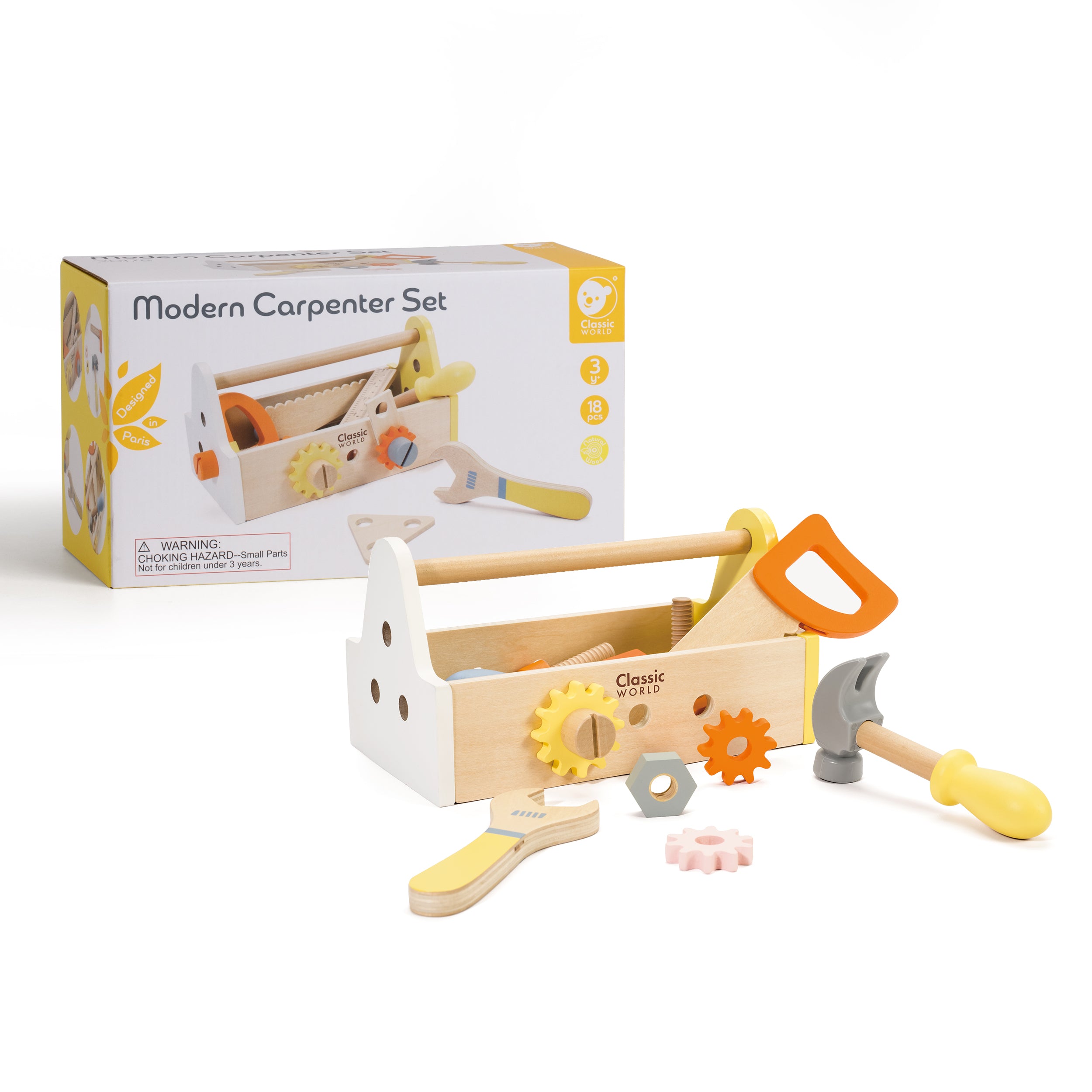 Set de joacă bricolaj și tâmplărie din lemn, Trusă Unelte - Modern Carpenter - Classic World