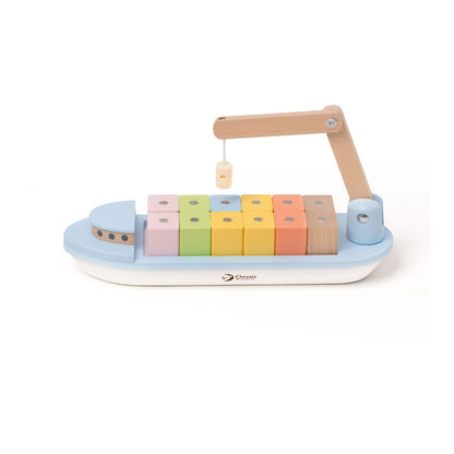 Barcă din lemn, Blocuri magnetice &amp; Macara - Block Boat - Classic World