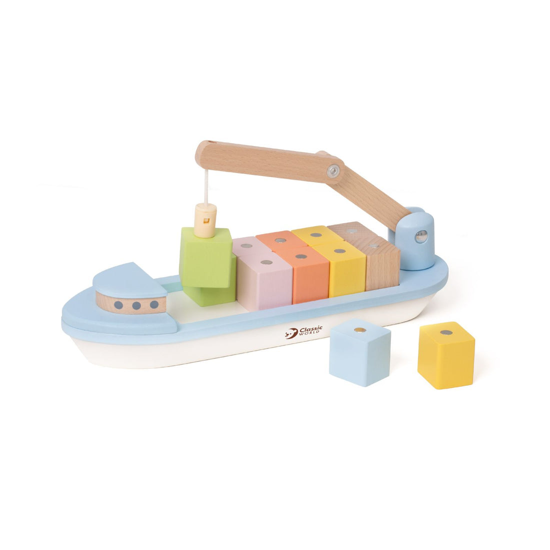 Barcă din lemn, Blocuri magnetice &amp; Macara - Block Boat - Classic World