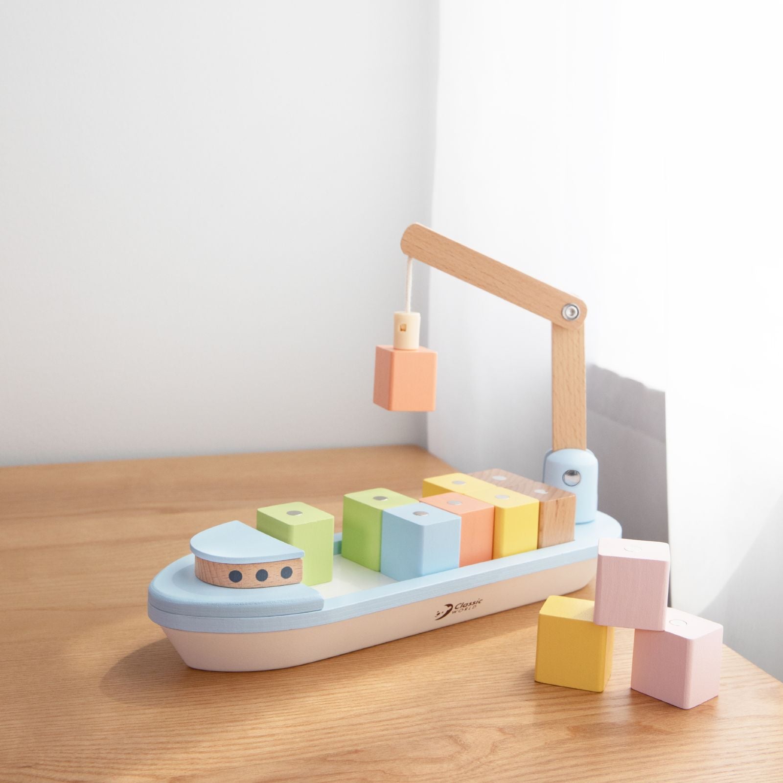 Barcă din lemn, Blocuri magnetice &amp; Macara - Block Boat - Classic World