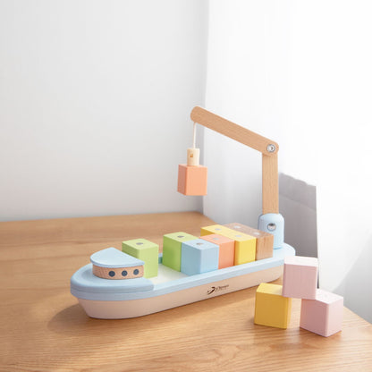 Barcă din lemn, Blocuri magnetice &amp; Macara - Block Boat - Classic World