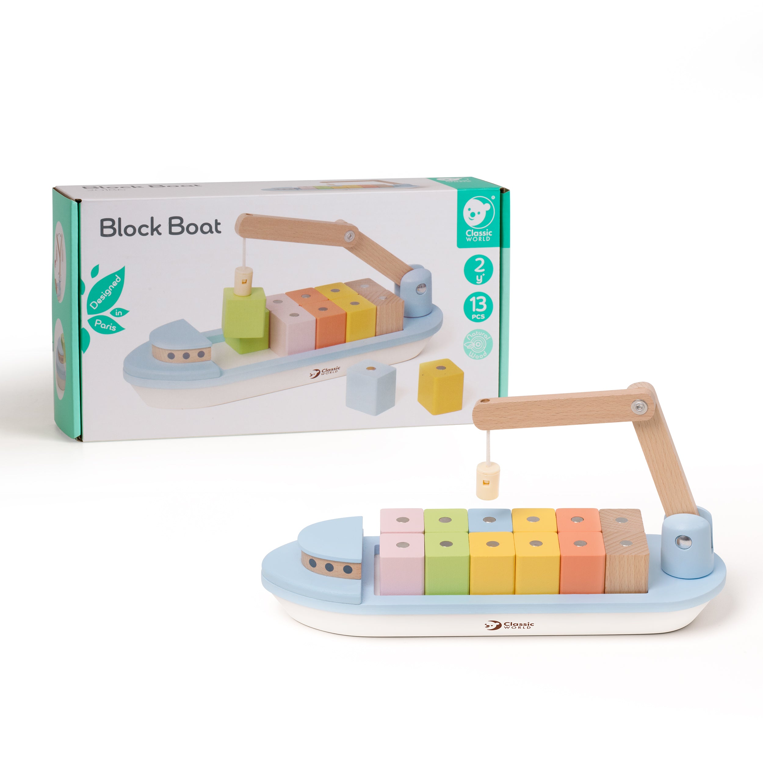 Barcă din lemn, Blocuri magnetice &amp; Macara - Block Boat - Classic World