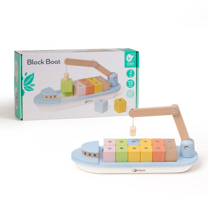 Barcă din lemn, Blocuri magnetice &amp; Macara - Block Boat - Classic World