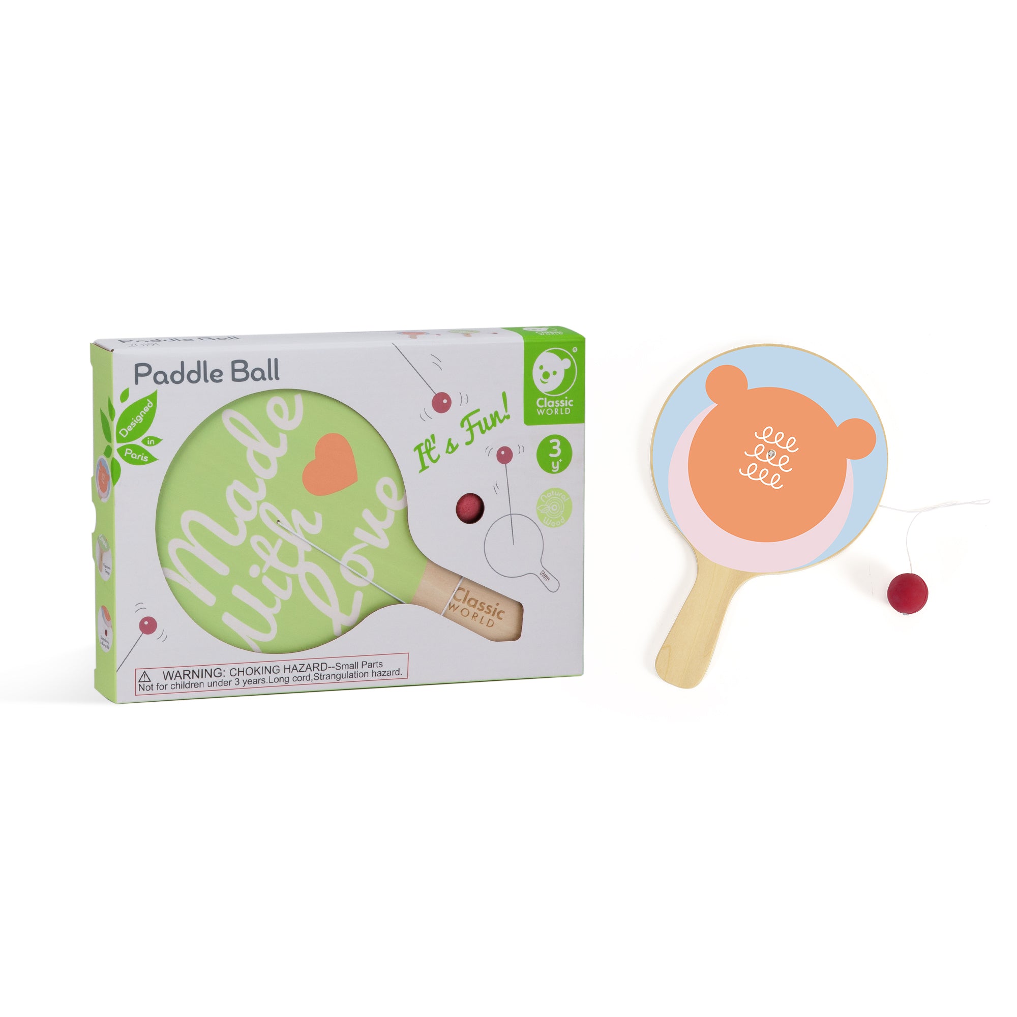 Joc Sportiv din lemn, Paletă cu Minge Elastică - Paddle Ball - Classic World
