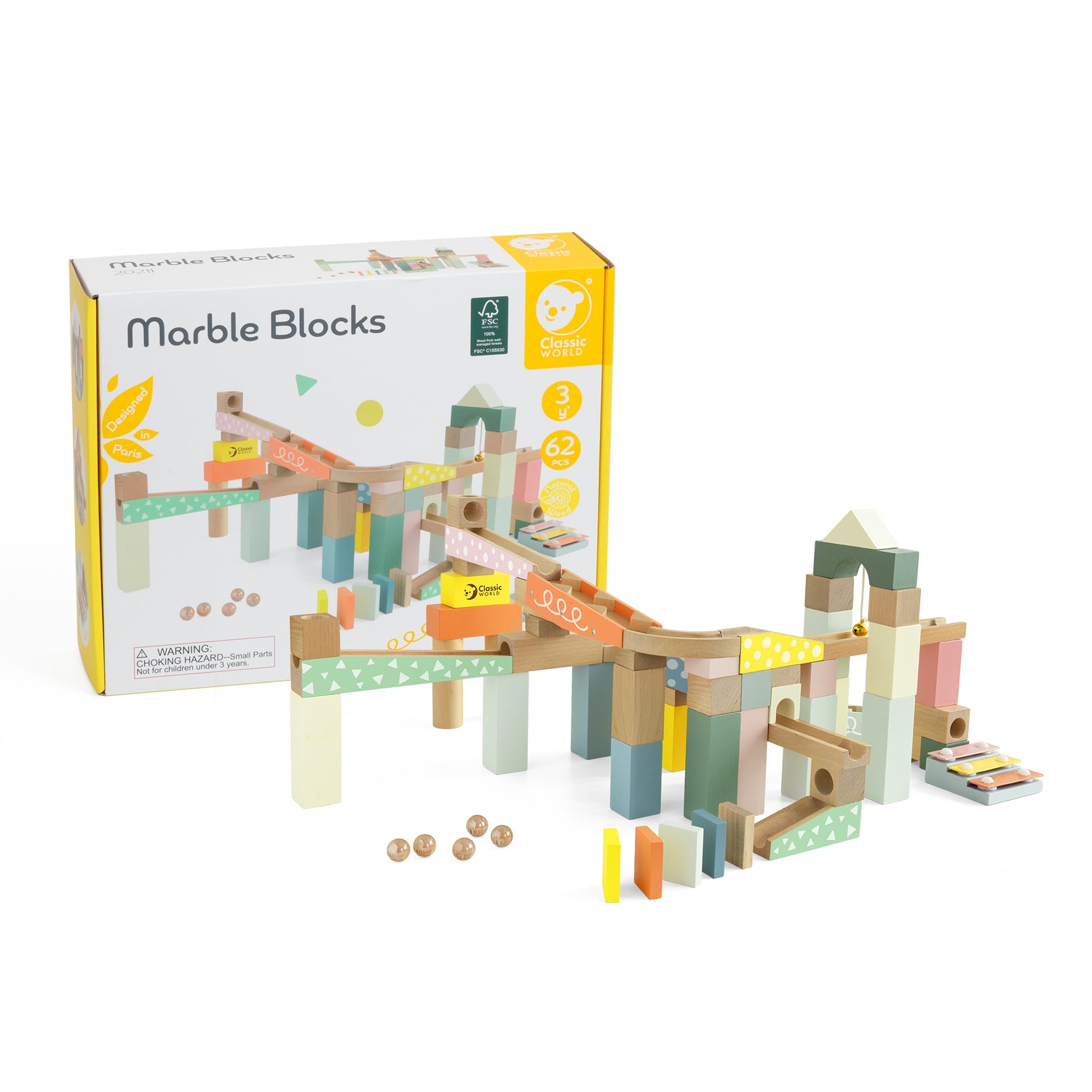 Set de construcție din lemn cu bile - Marble Blocks - Classic World
