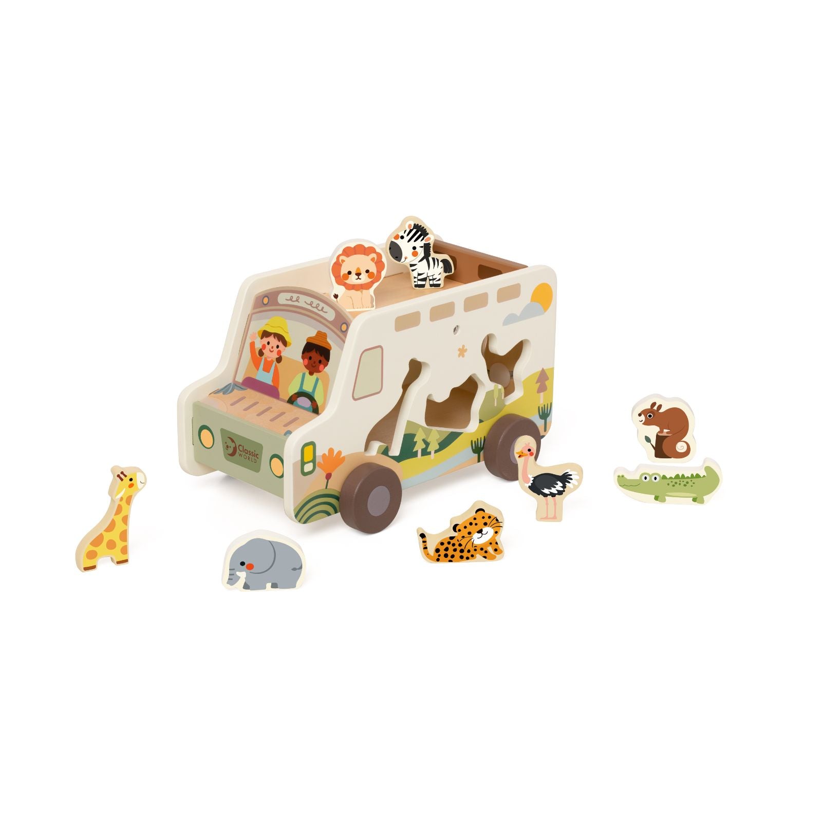 Camion Safari din lemn, Sortator &amp; Figurine animăluțe - Prairie Adventurer - Classic World