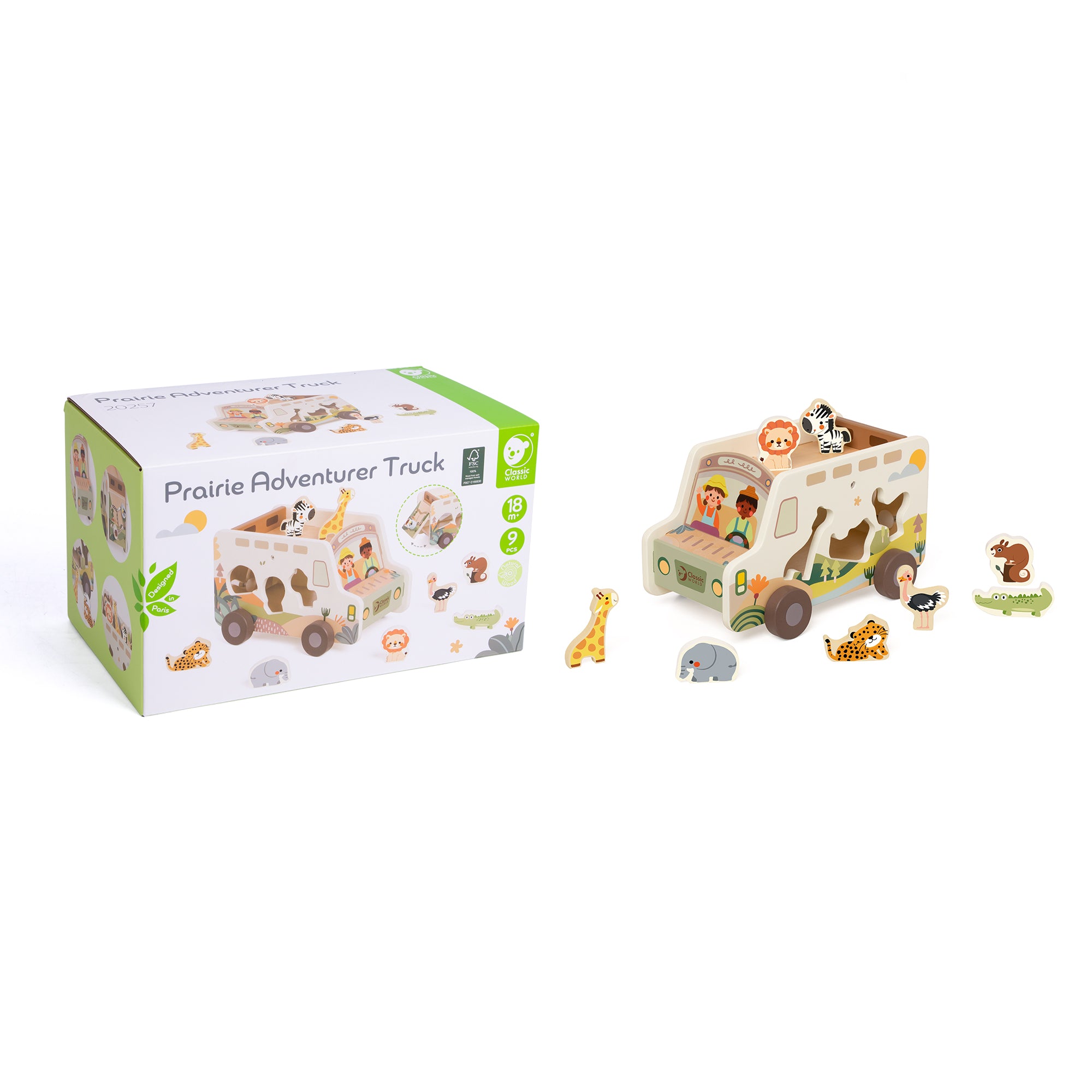 Camion Safari din lemn, Sortator &amp; Figurine animăluțe - Prairie Adventurer - Classic World