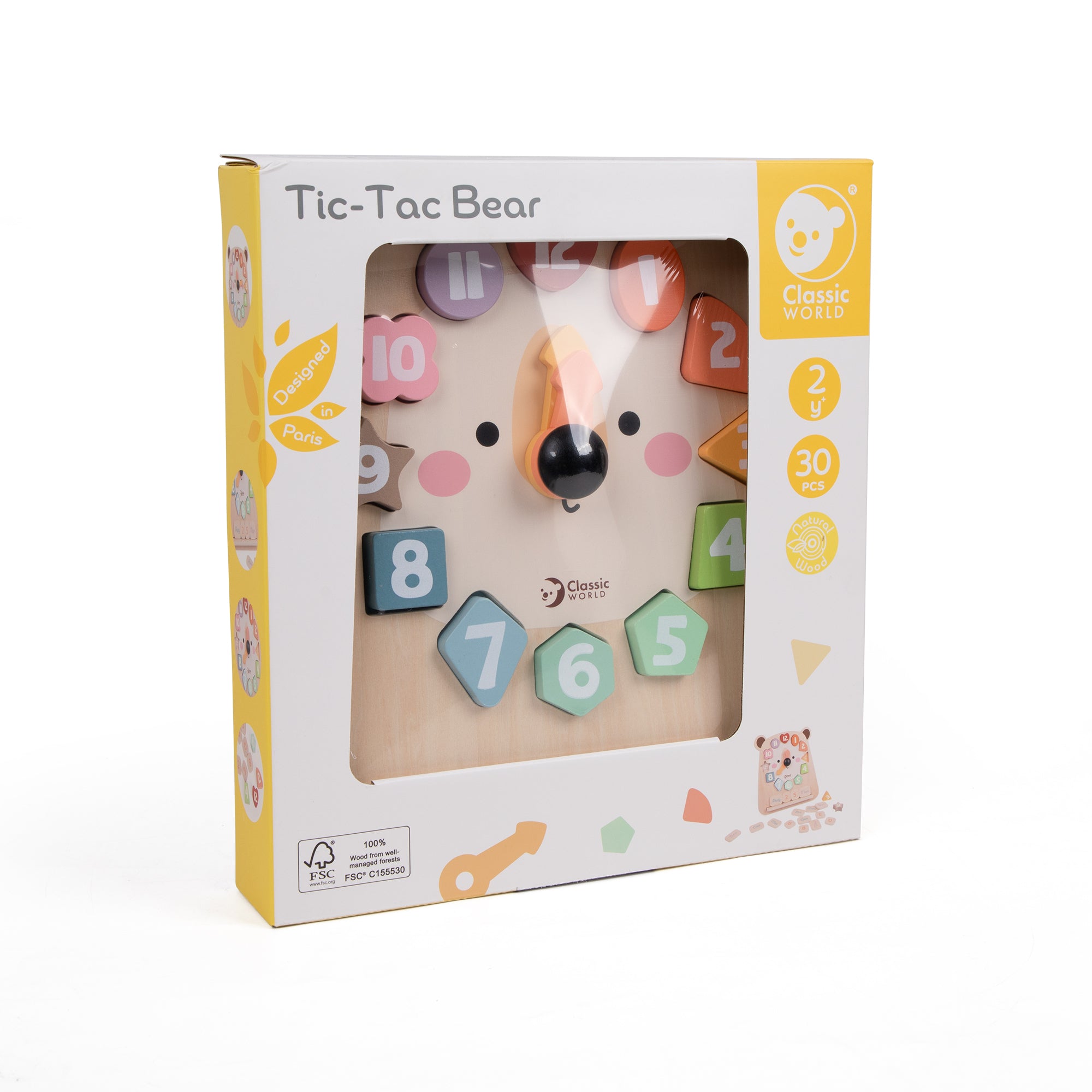 Ceas educativ din lemn cu cifre și forme - Tic-Tac Bear - Classic World