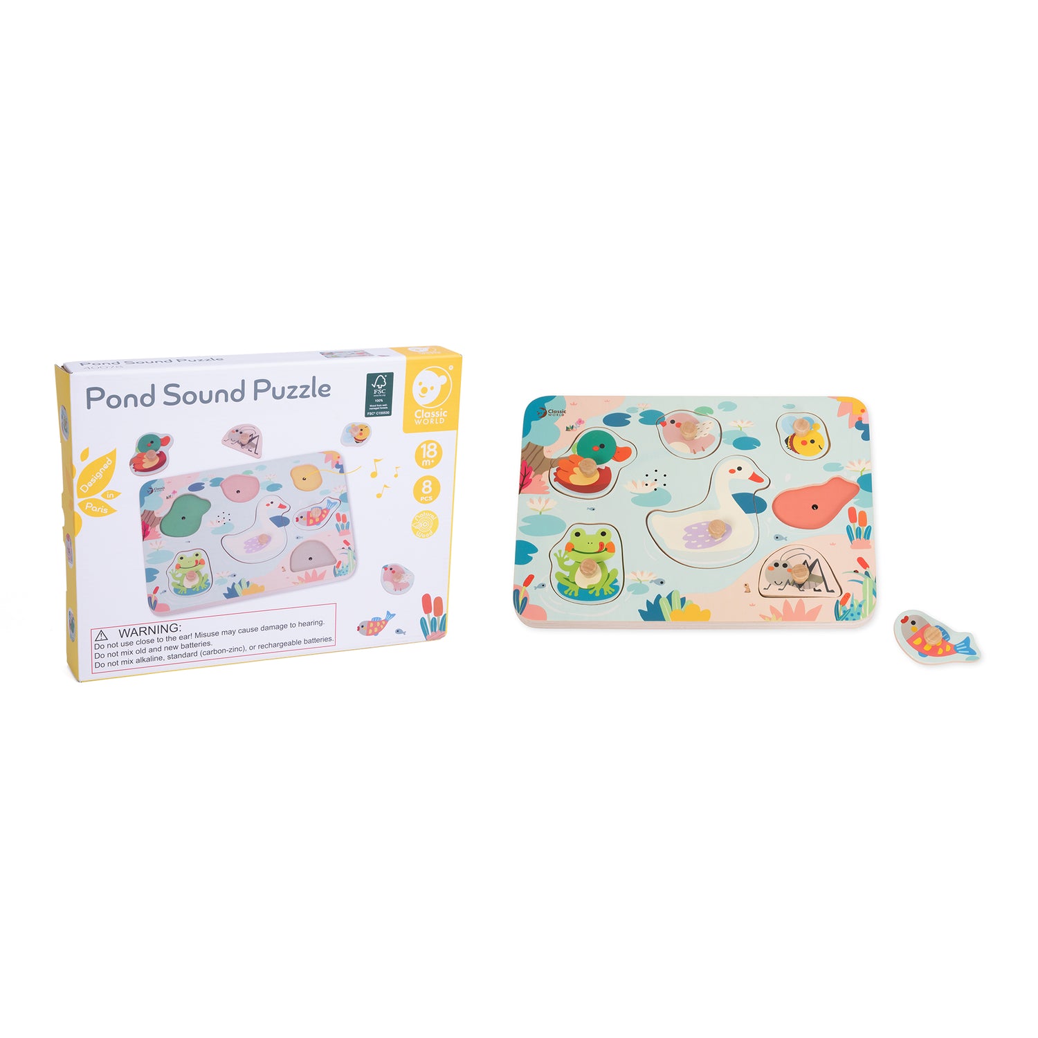 Puzzle incastru din lemn cu sunete - Pond Animals - Classic World