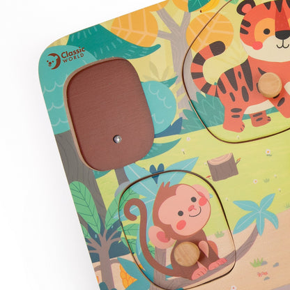 Puzzle sonor Jungle Animals Classic World - detaliu placă cu tigru și maimuță