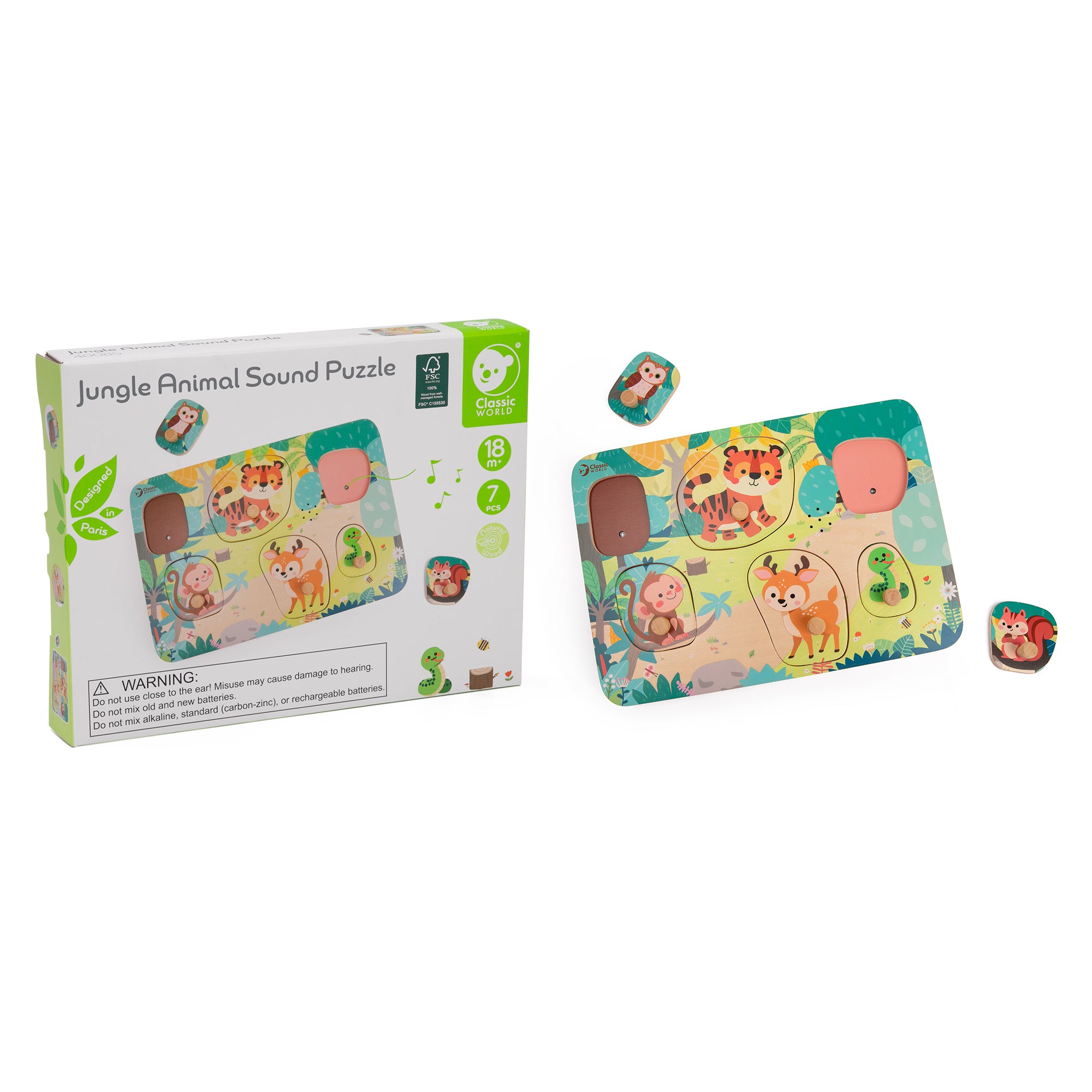 Puzzle incastru din lemn cu sunete - Jungle Animals - Classic World
