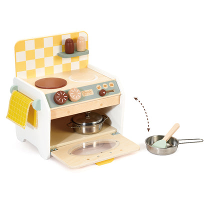 Mini Kitchen Classic World - ușa cuptorului deschisă rabatabil cu oală înăuntru